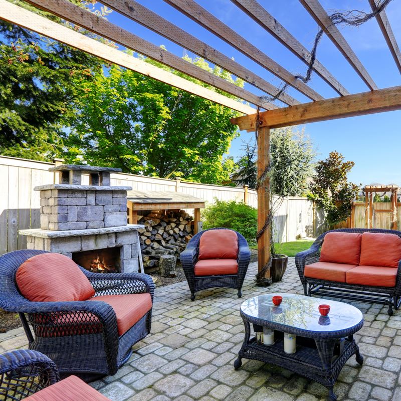 outdoor living space with fireplace